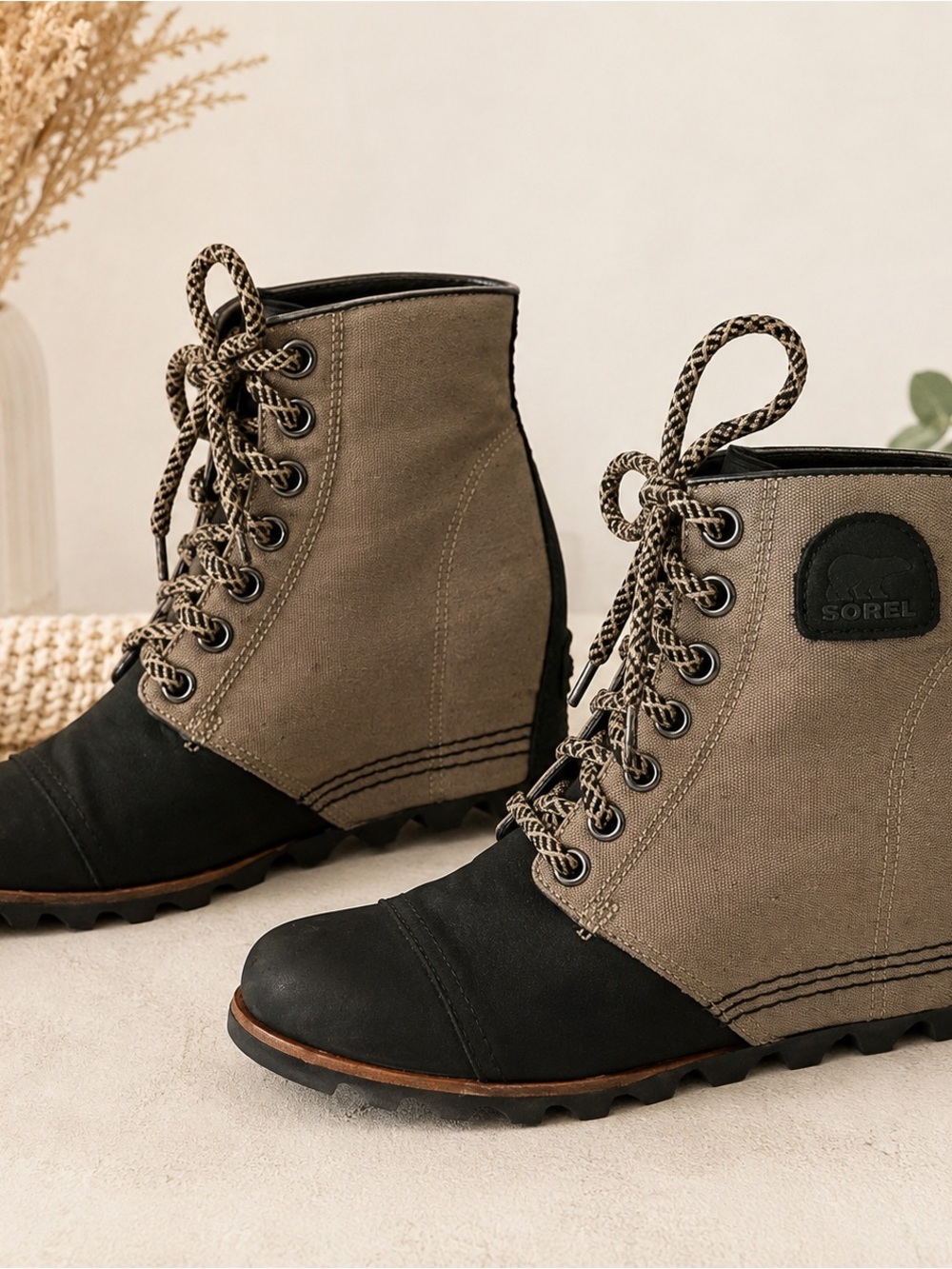 Sorel Taupe & Black Lace-Up Wedge Boots